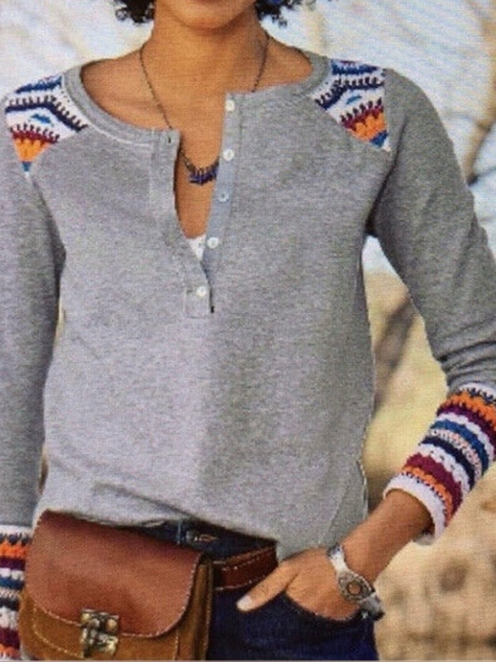 Sundance Long Sleeve Henley Top Crochet Women’s Petite Small Boho Casual